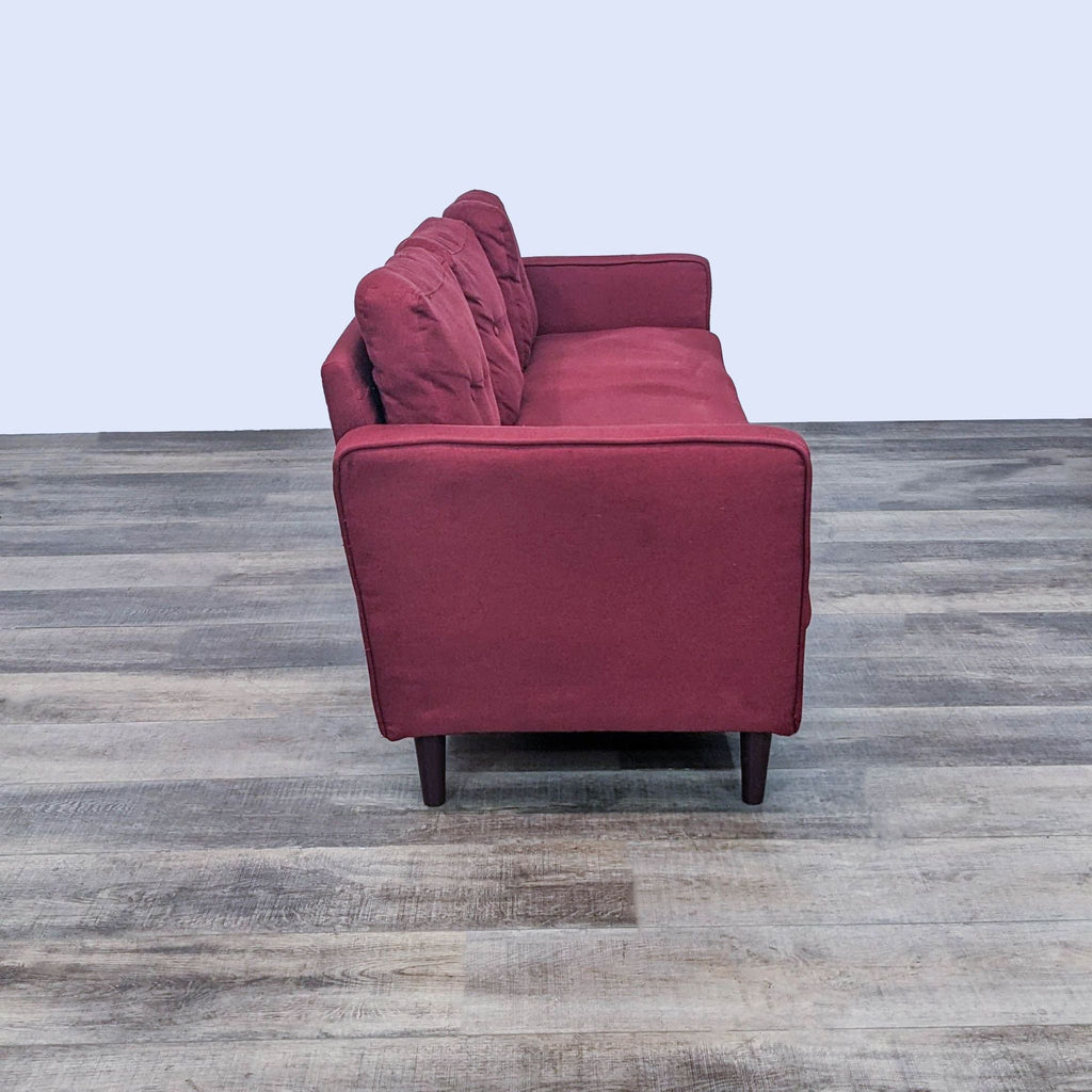 Side profile of a Zinus 3-seat bench seat sofa, showcasing narrow arms and wooden legs.