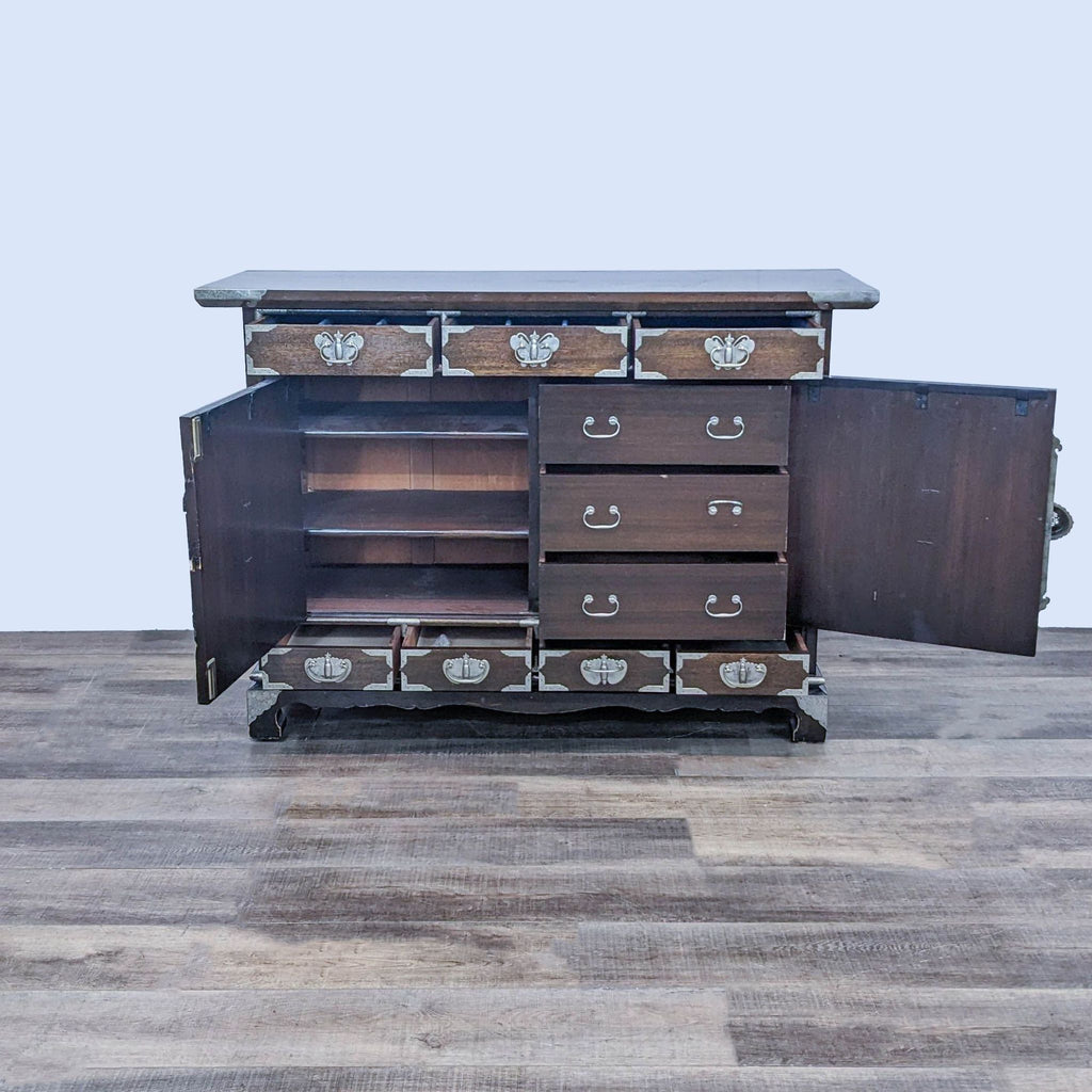 Alt text 2: Open Reperch sideboard revealing three drawers inside, with additional drawers on the top and bottom.