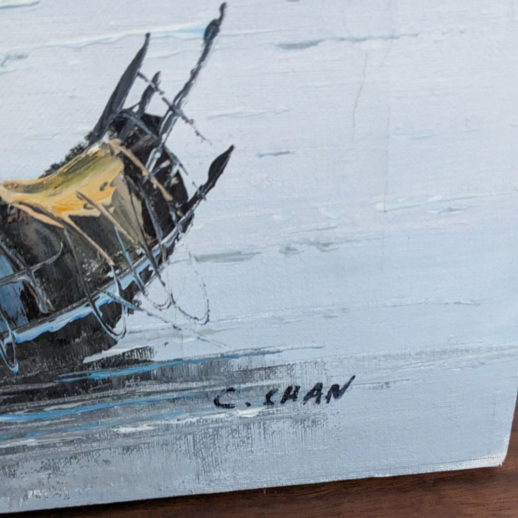 Artist's signature "C. Chan" on a painting of harbor sailboats by Reperch.