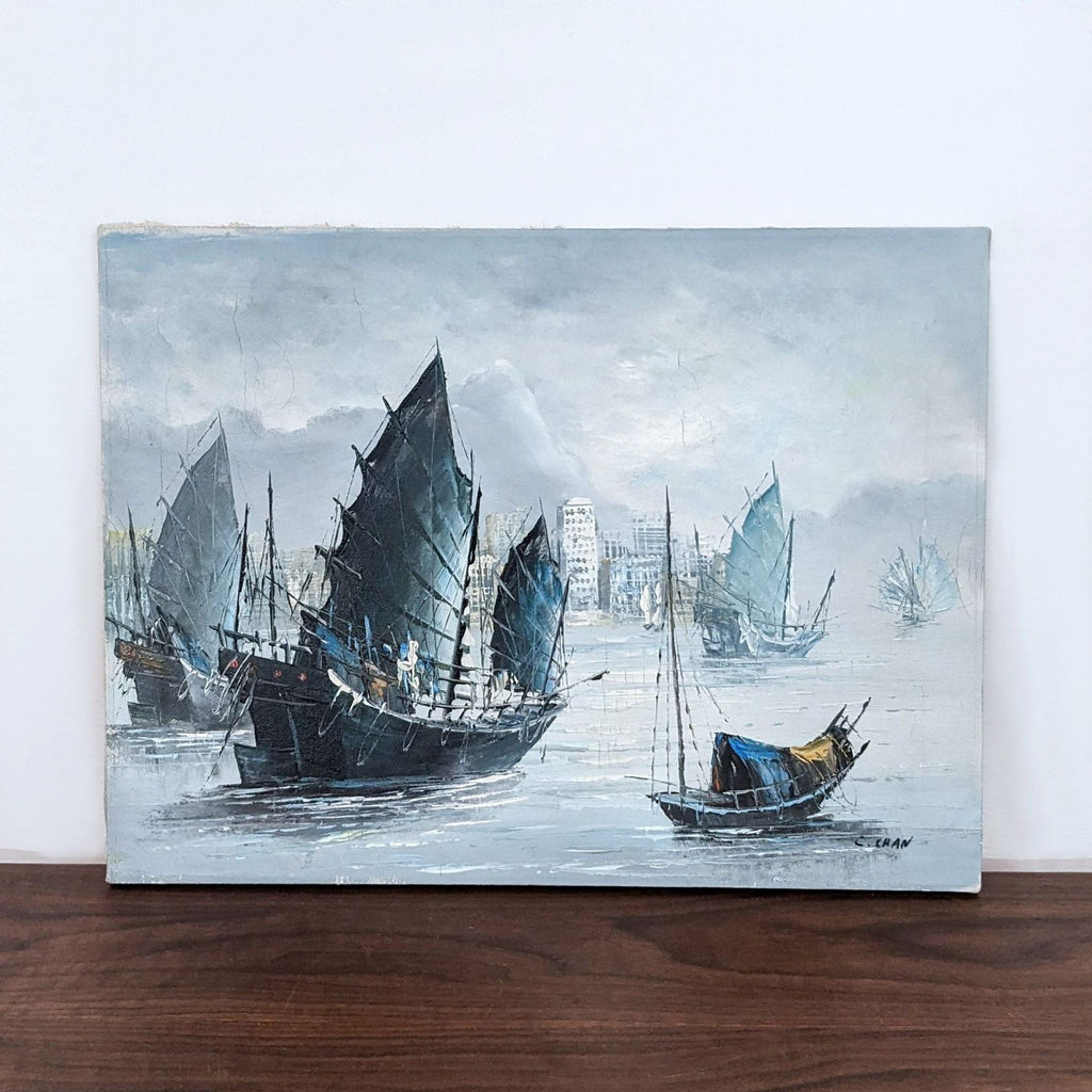 Sailboats in a harbor with a city skyline in the background, painted by an artist.