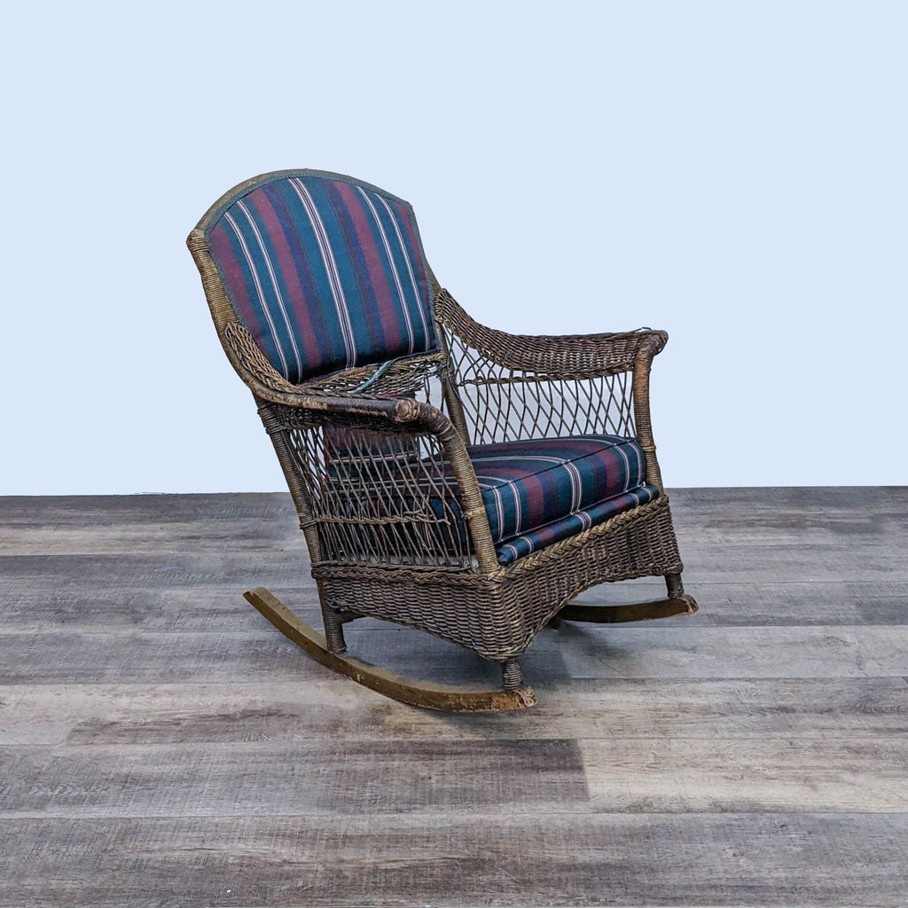 Classic Striped Cushion Rattan Rocking Chair with Ottoman