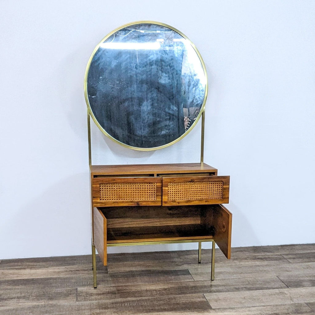 Open drawers and doors of CB2 Memento Cabinet showing interior space.