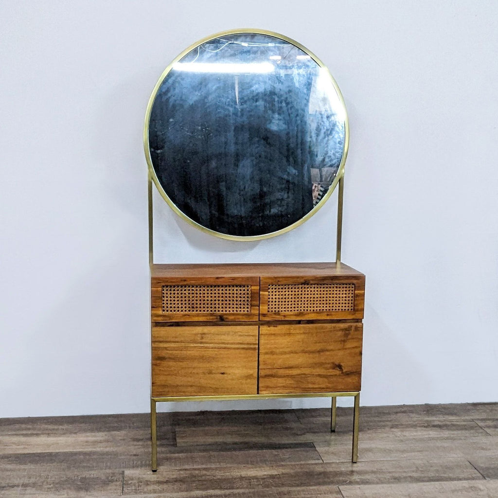 CB2 Memento Round Mirror Cabinet with acacia wood, cane, brass accents.