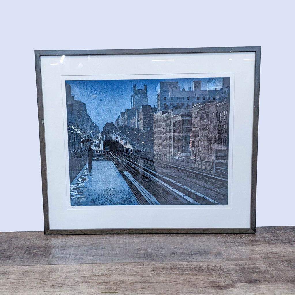 Framed print titled "Evening Rain" shows a twilight subway platform by Daniel Hauben.