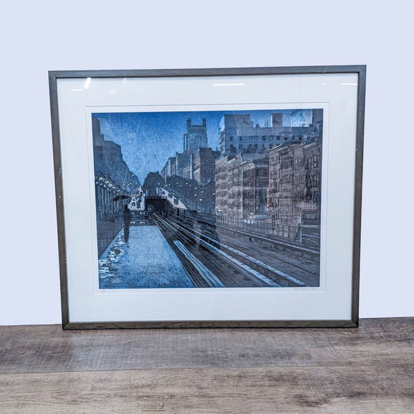 Framed print titled "Evening Rain" shows a twilight subway platform by Daniel Hauben.