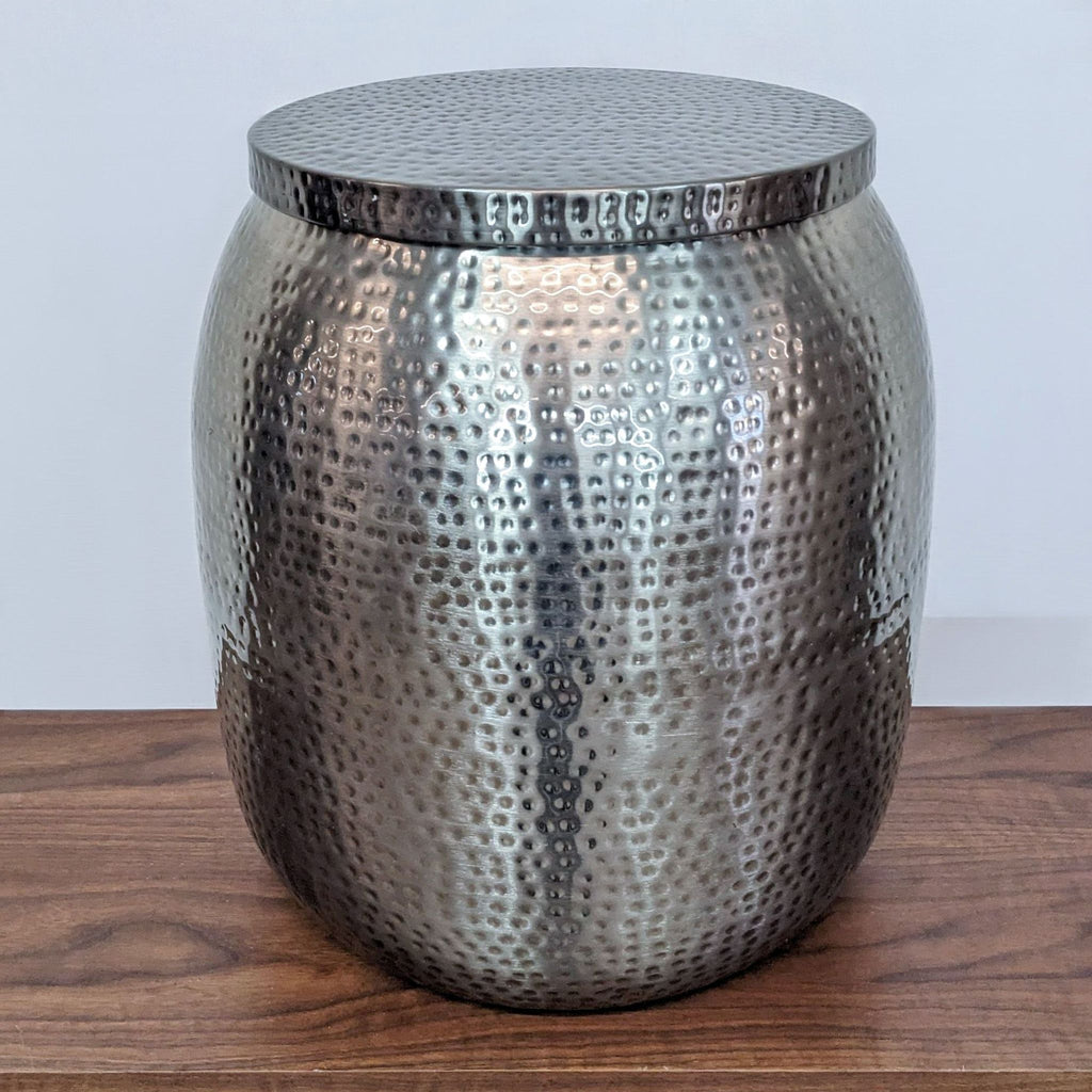World Market Cala Silver Hammered Metal Drum Storage Side Table