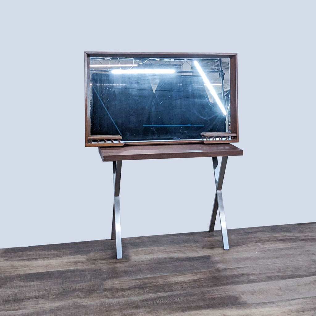 Reperch vintage wooden framed rectangle mirror with spindle detailing on a table stand, against a neutral background.