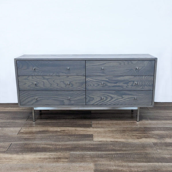 Modern Room & Board dresser with six drawers and metal base.