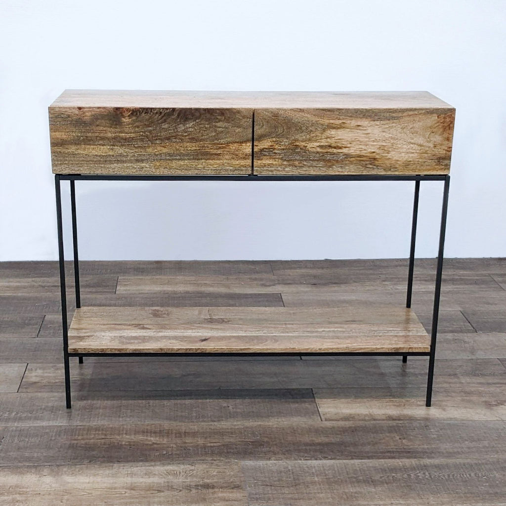 Mango wood console with two drawers and shelf on a steel frame. 