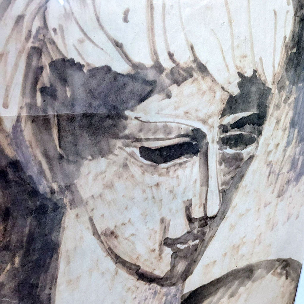 Close-up of a monochromatic boy's portrait with detailed shading.