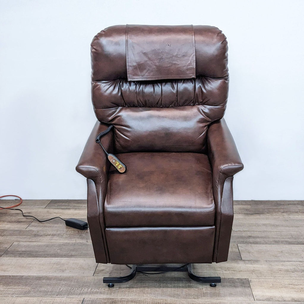 Brown PowerLift recliner by Golden Technologies with remote control on side.
