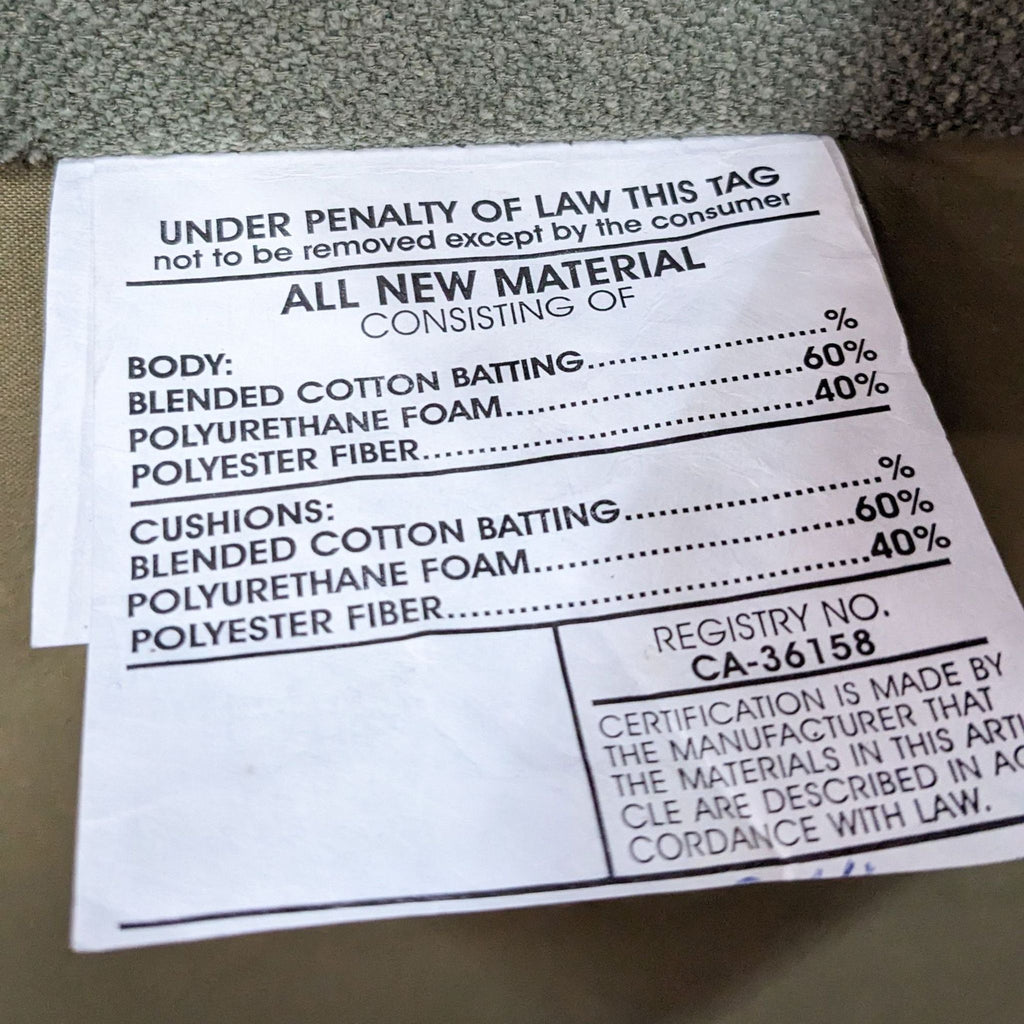 Material label shows cotton, foam, and fiber components.