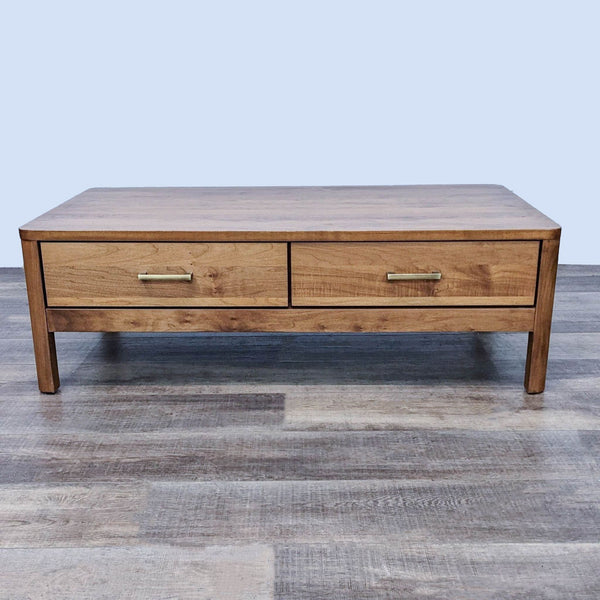 Wood Castle brand coffee table closed, with simple design and two drawers, on a wooden floor.