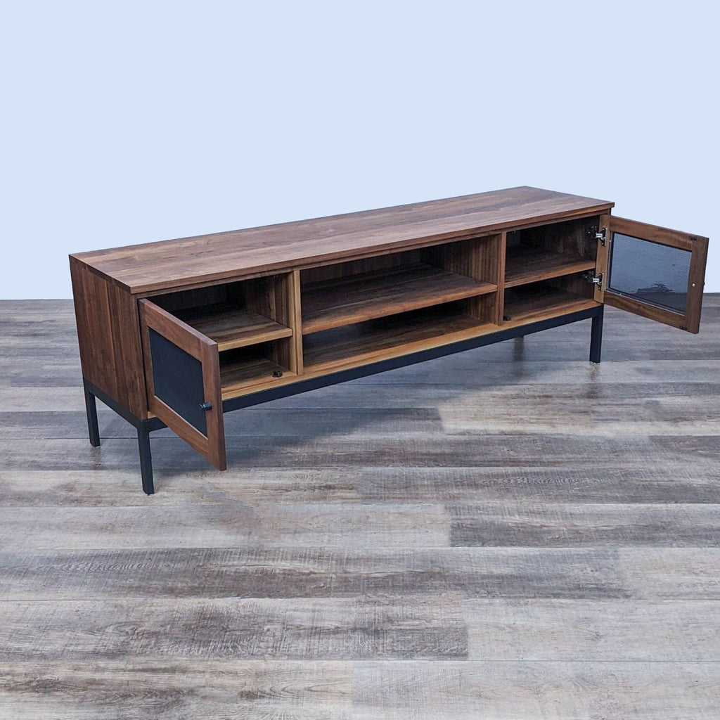 "Welded steel base entertainment center with wood frame and adjustable shelves."  