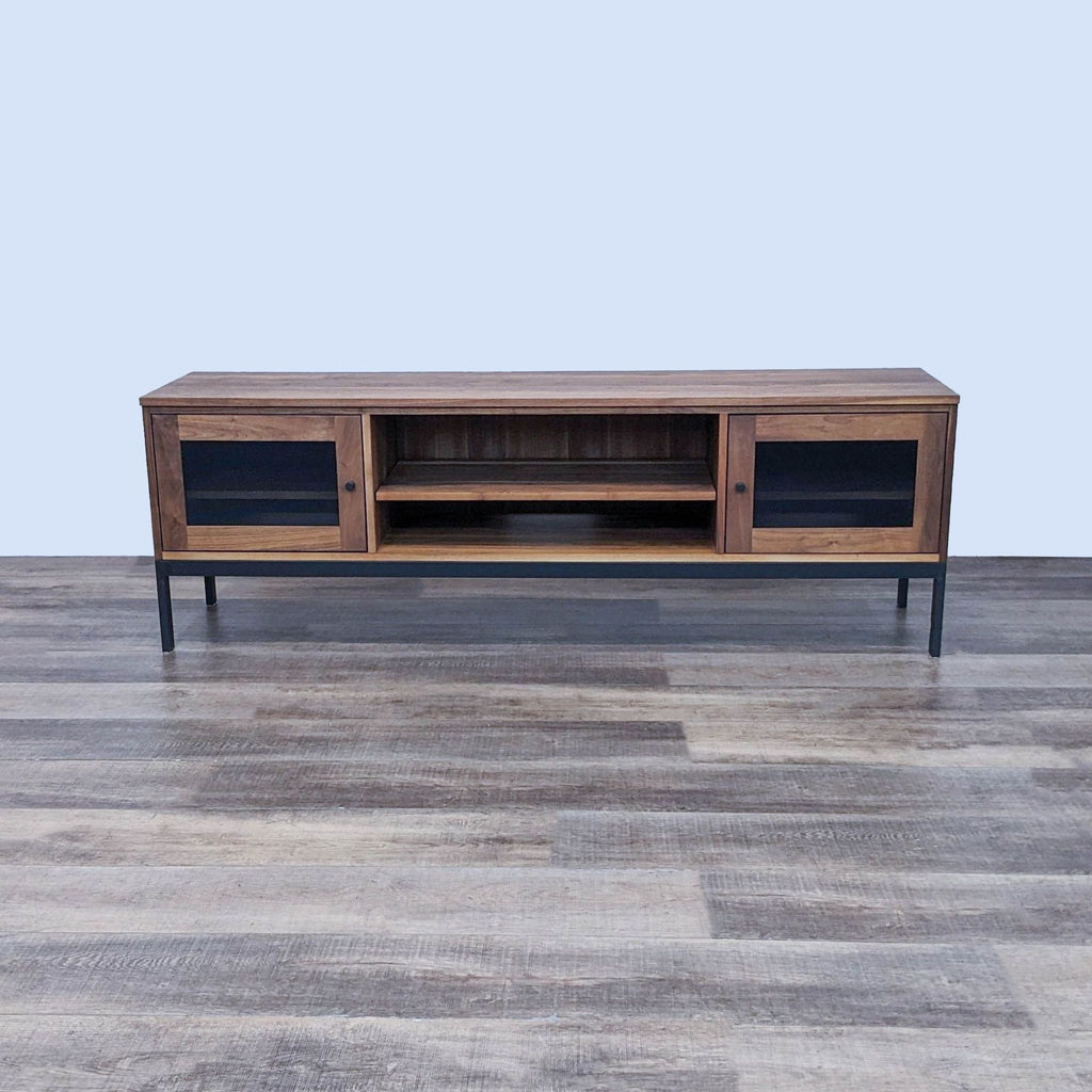 "Solid wood entertainment center with steel base and perforated metal doors."  