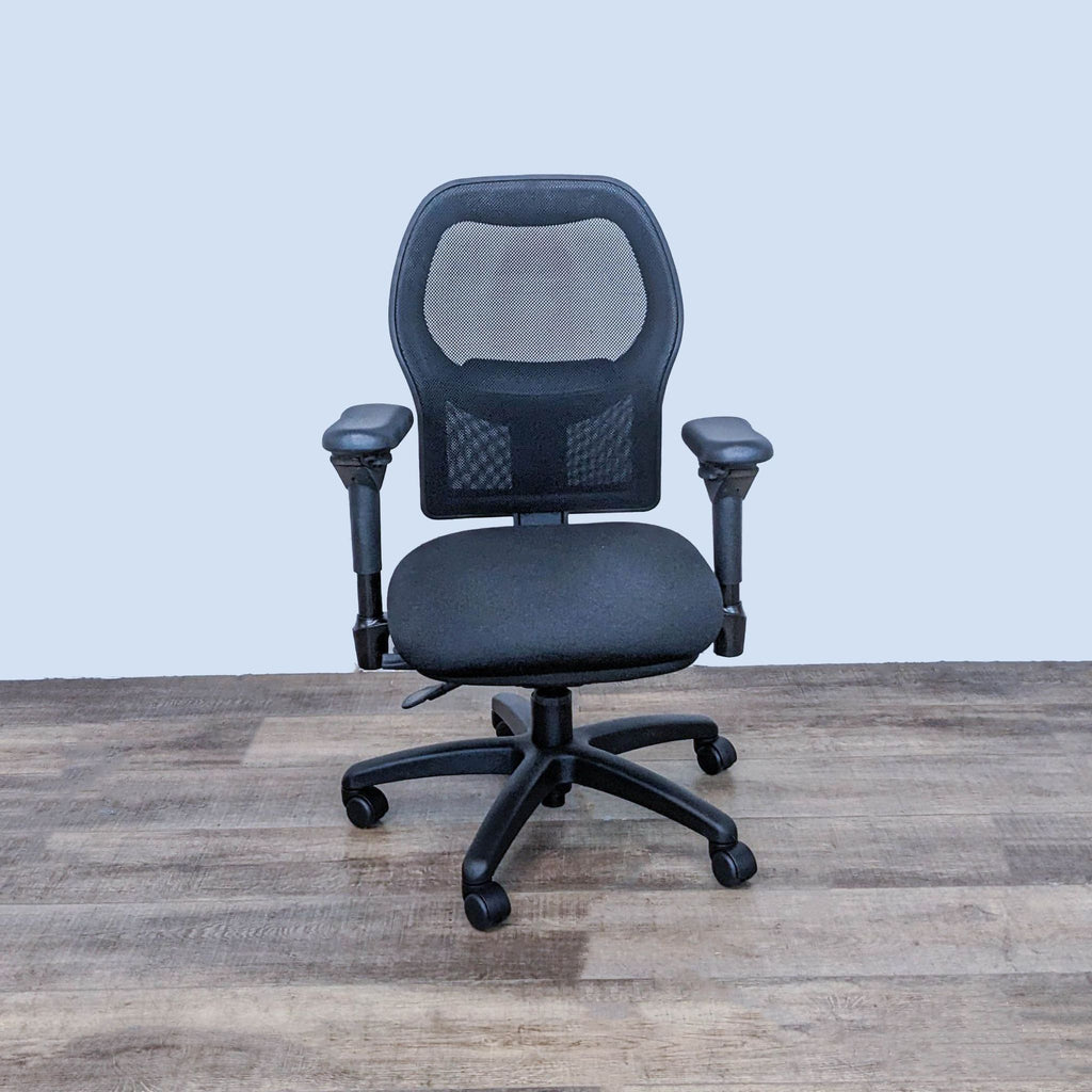 Front view of Bodybilt ergonomic office chair with mesh back and adjustable armrests.  