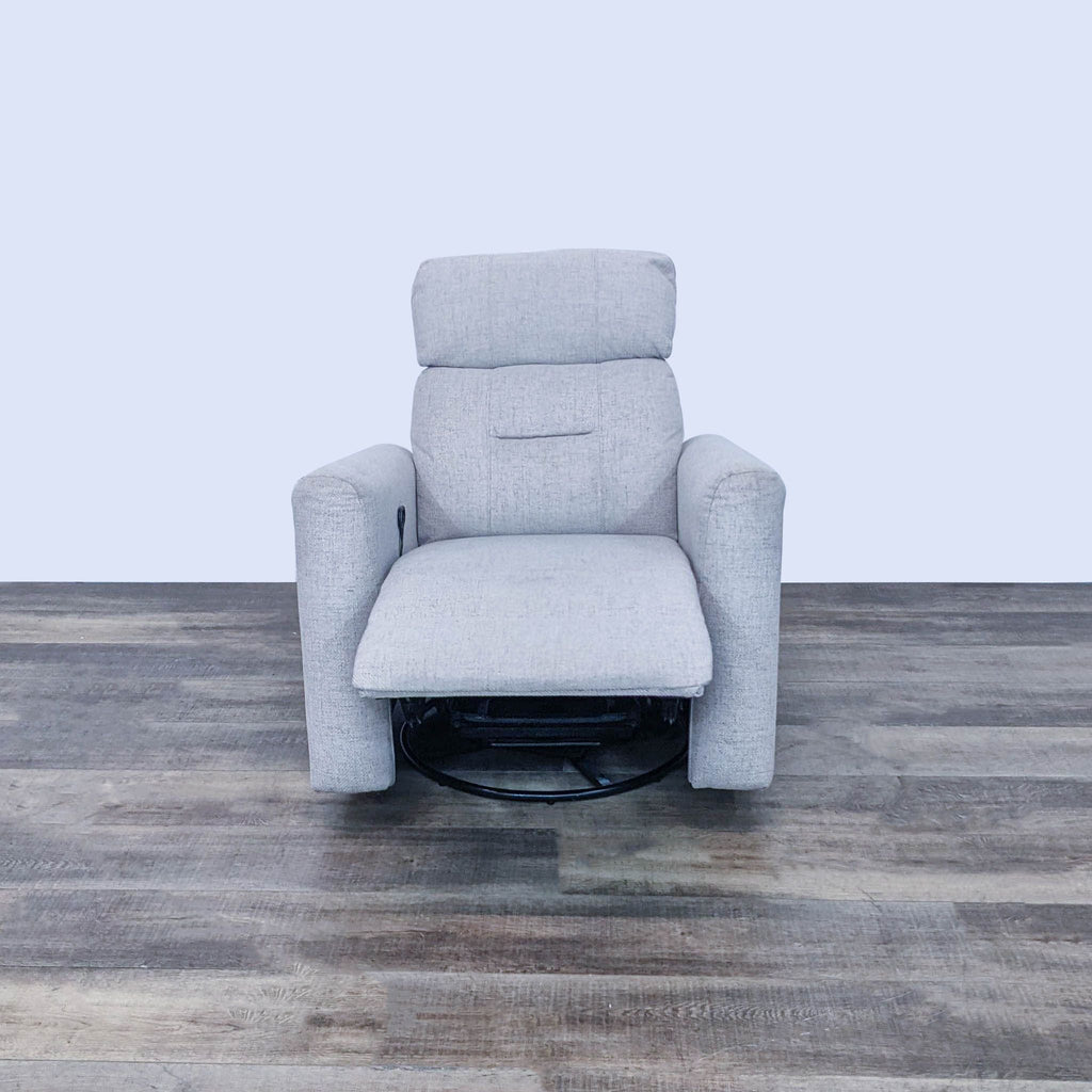 Gray upholstered Homcom recliner slightly reclined, showing its footrest, front view.