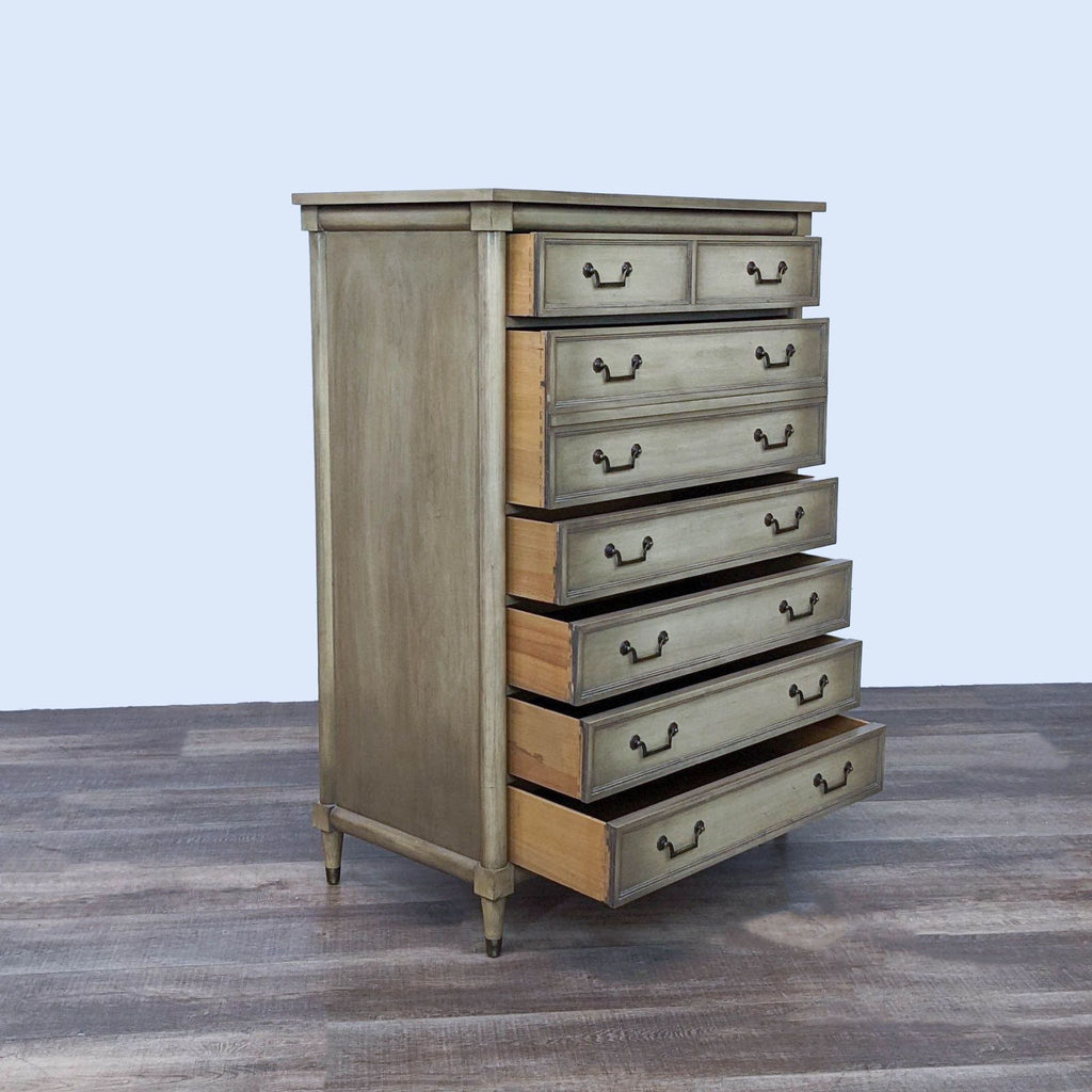 2. Side angle of Reperch country cottage dresser with open drawers displaying spacious storage.