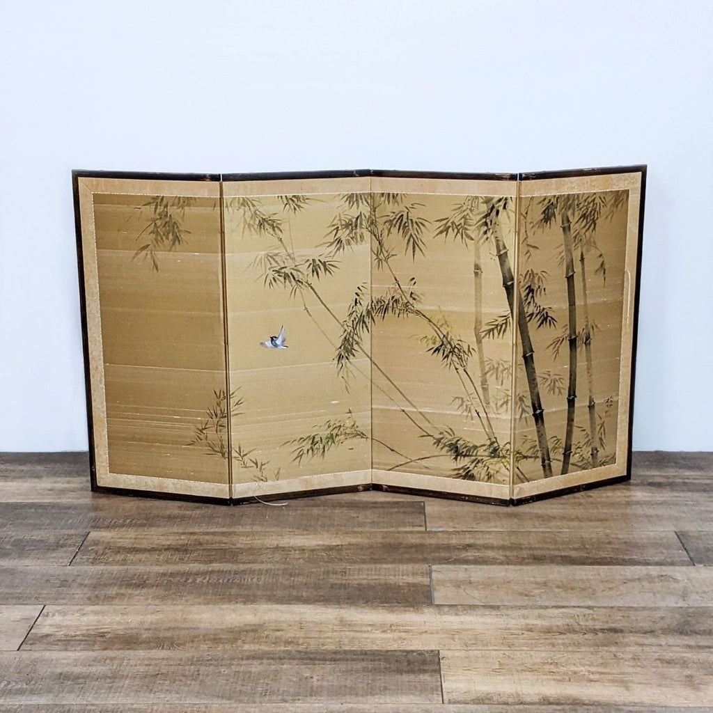 Traditional silk folding screen with bamboo and bird painting. Can serve as wall art or room divider.