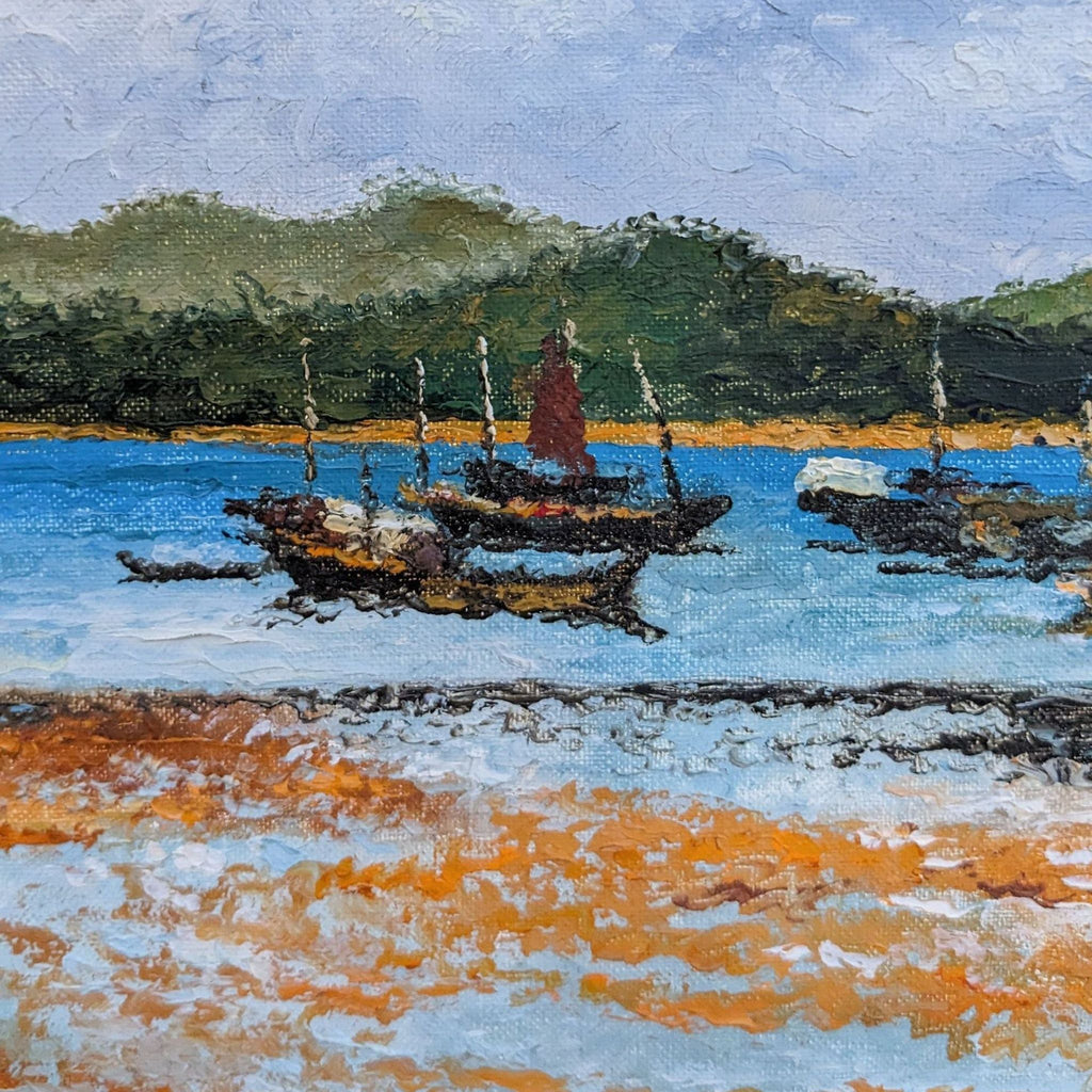 Original Oil On Canvas Of Fishing Harbor1973