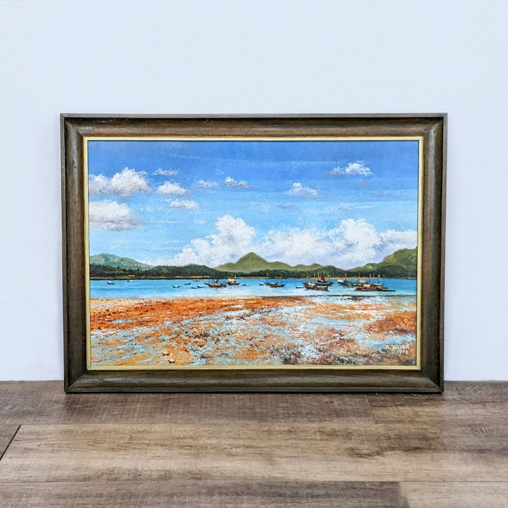 1. "Vibrant landscape painting titled 'Sai Kung Reclamation' with textured mountains, sky, and boats, signed by R. Beller, 1973."