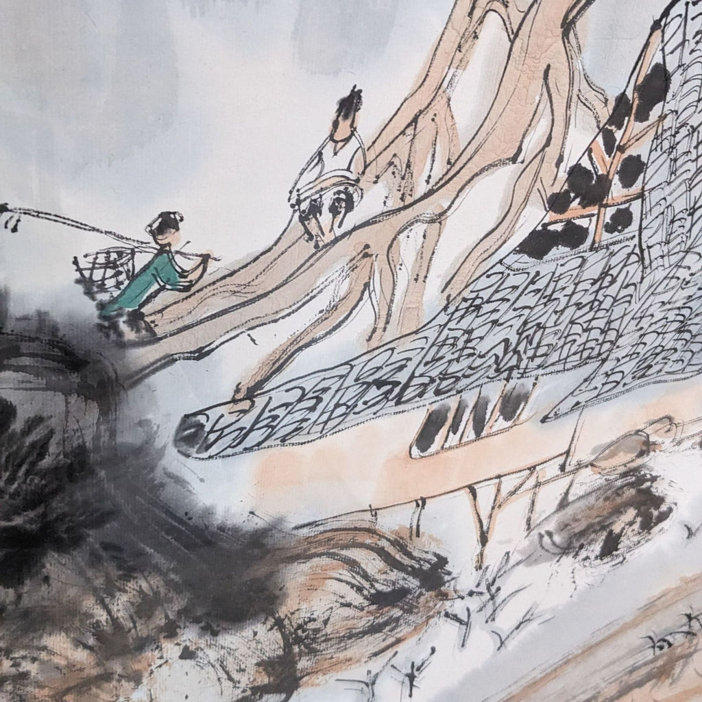 Close-up of ink art showing intricate tree and figures in a serene setting.