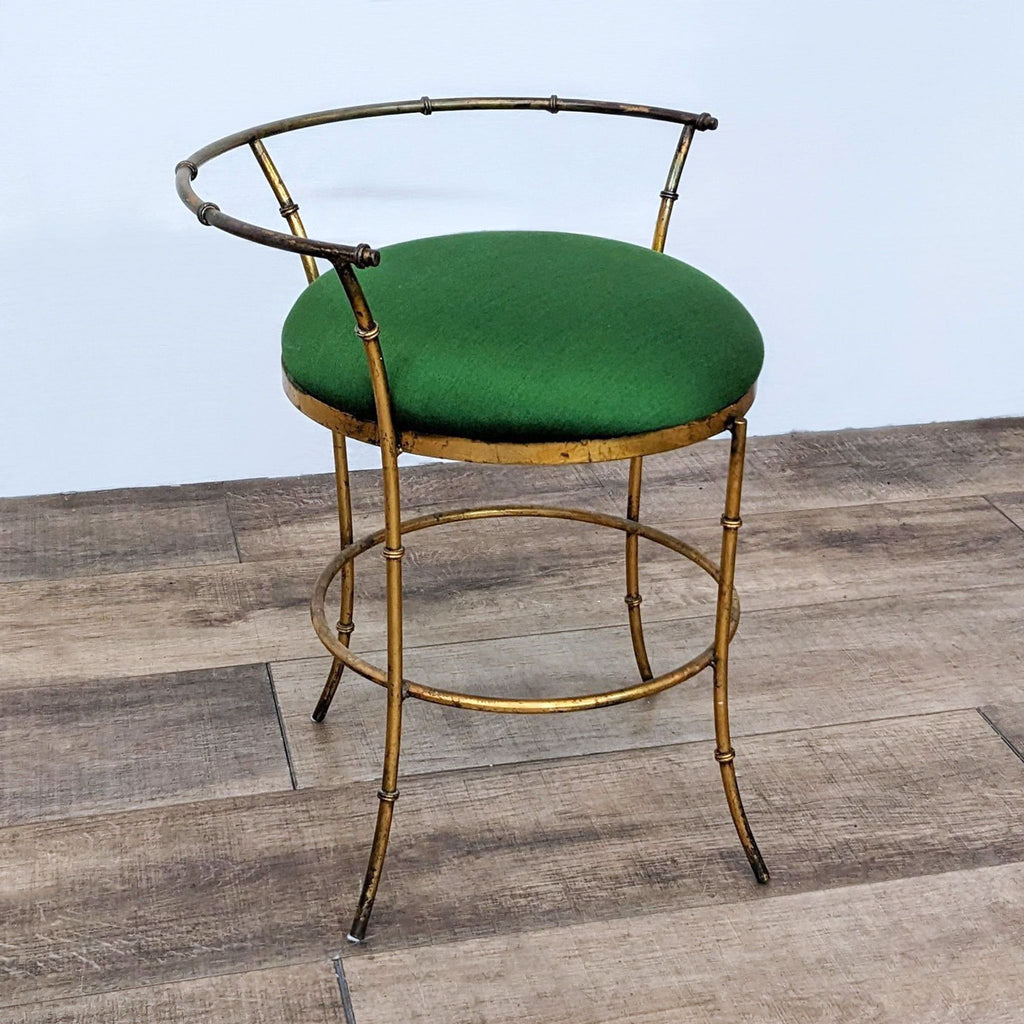 Glam Style Gold Metal Curved Back Stool With Green Fabric Seat
