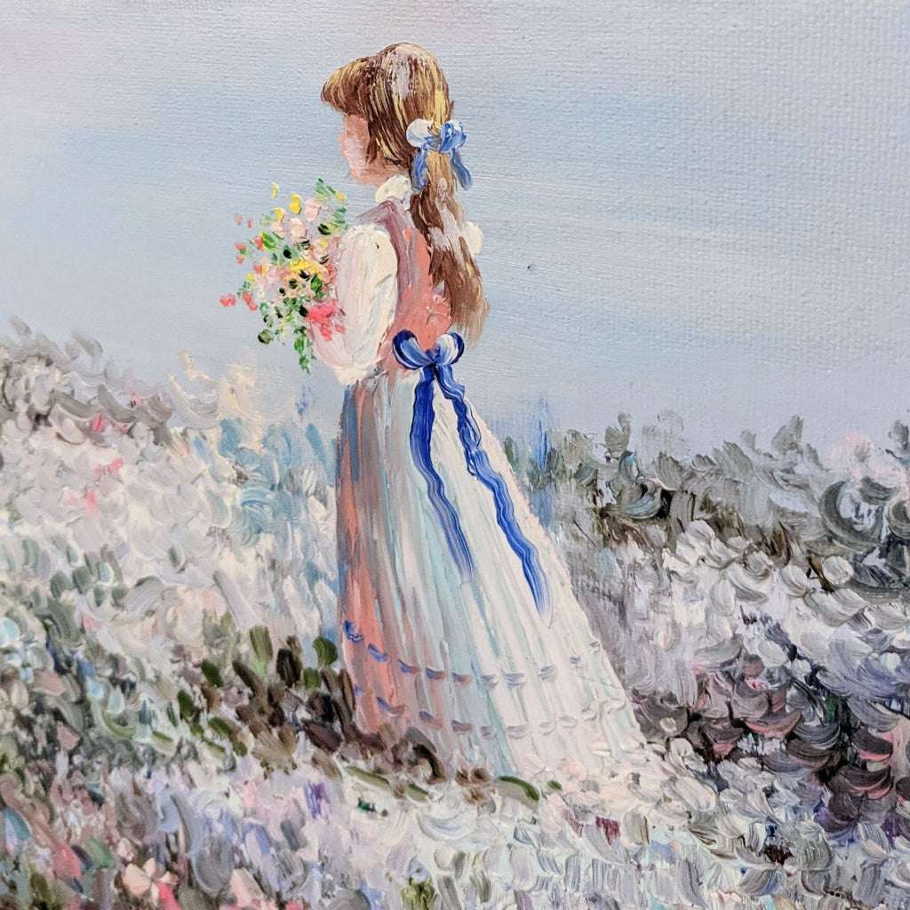Detail of a girl holding flowers in a field from DH Lawrence's painting.