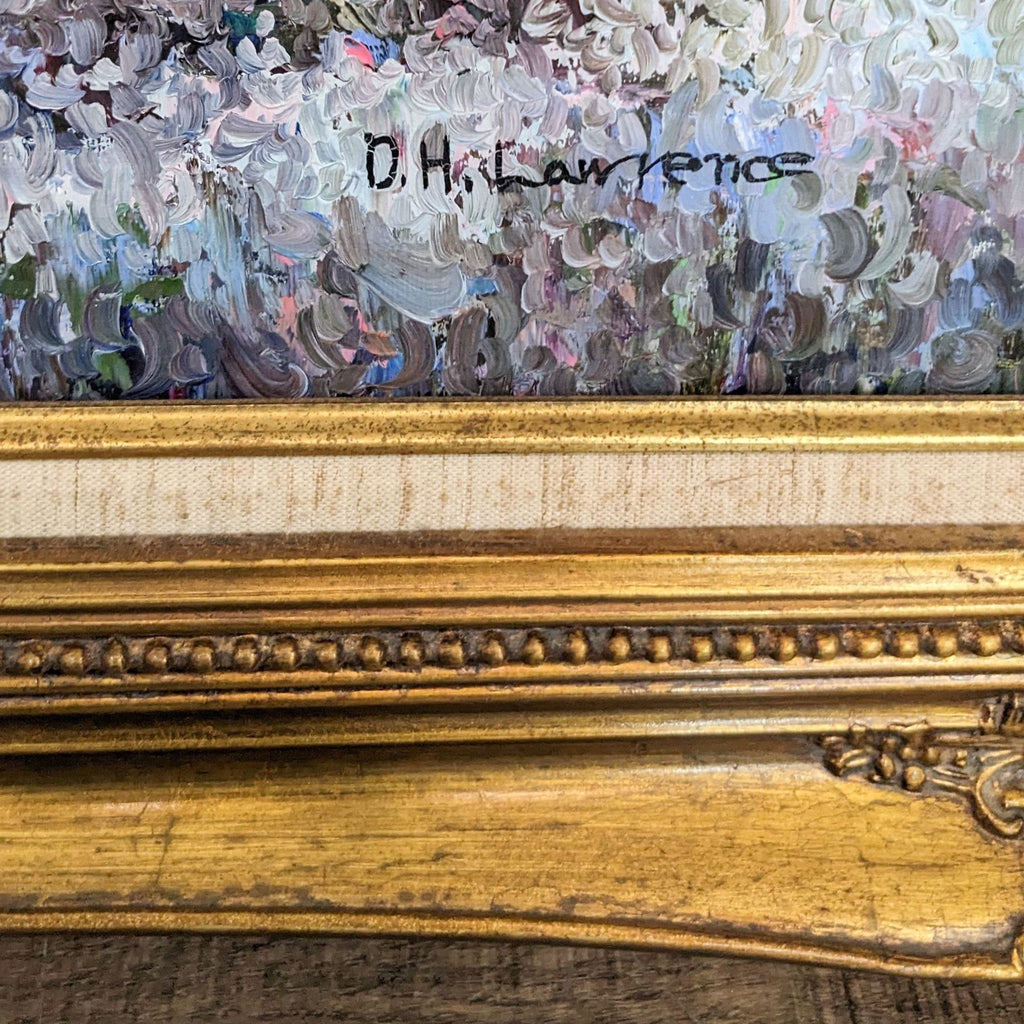 Close-up of DH Lawrence's signature on textured oil painting.