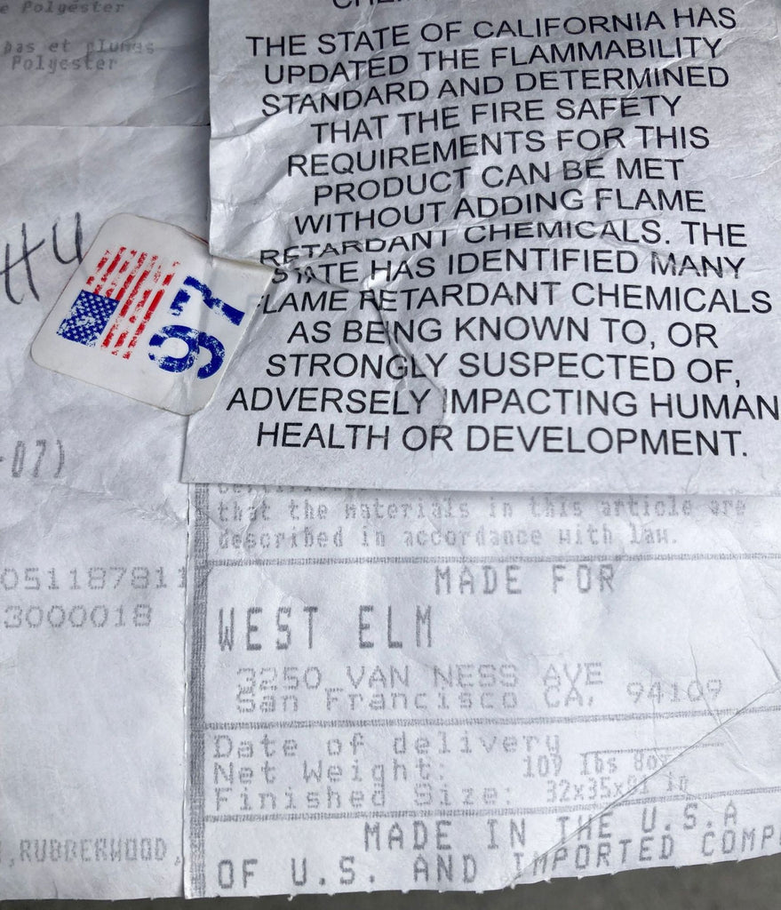 Detailed label showing manufacturing info from West Elm, made in the USA.