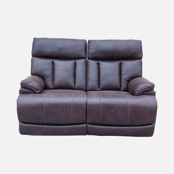 Brown two-seater leather reclining loveseat with plush cushioning, from Costco.