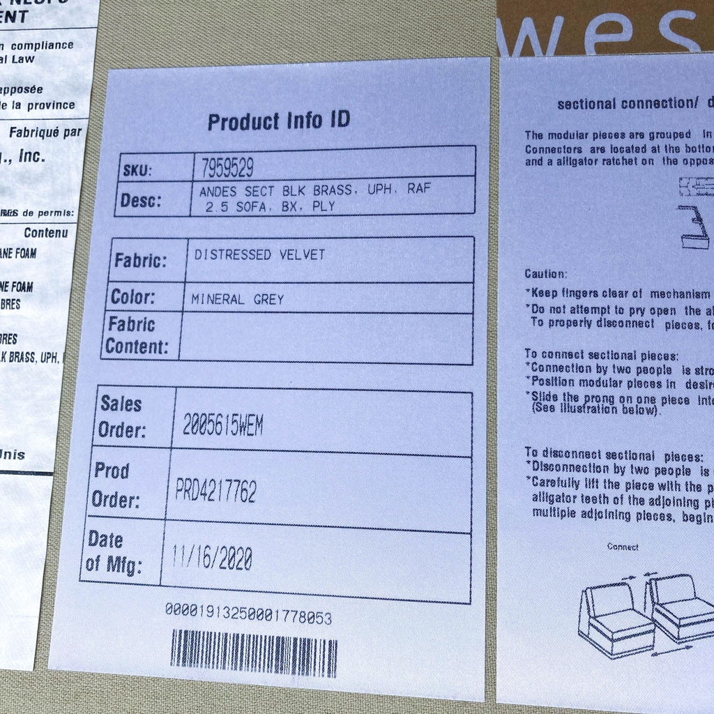 Product label details the fabric as distressed velvet and color as mineral grey for a sectional.
