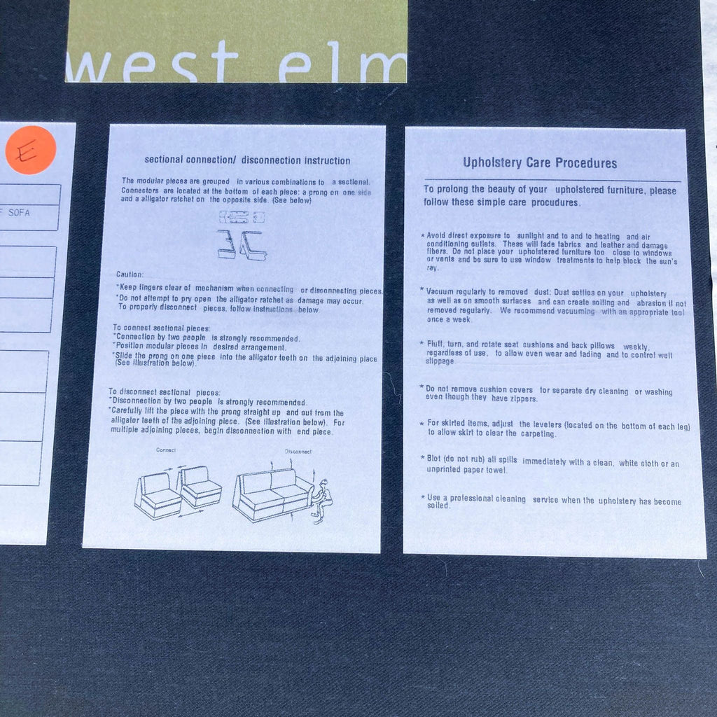 Alt text 3: West Elm instruction sheet for sectional sofa connection and upholstery care procedures.