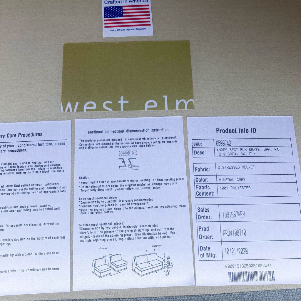 West Elm Andes Velvet Two-Piece Bumper Sectional