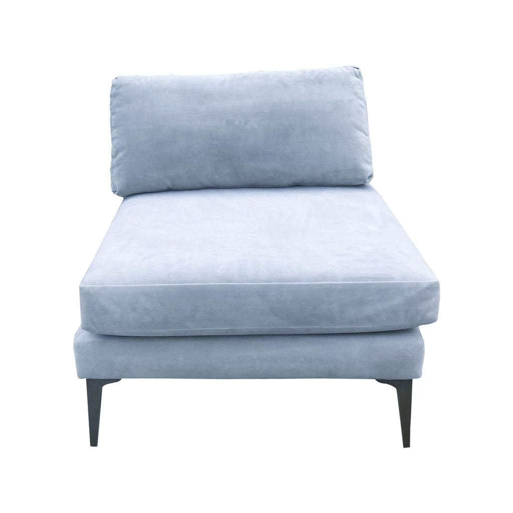 Modern Andes lounge chair by West Elm, velvet upholstered with no arms and metal legs.