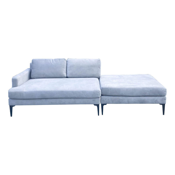 1. West Elm Andes sectional sofa in Frost Gray Performance Velvet with slim arms and pewter finish metal legs.