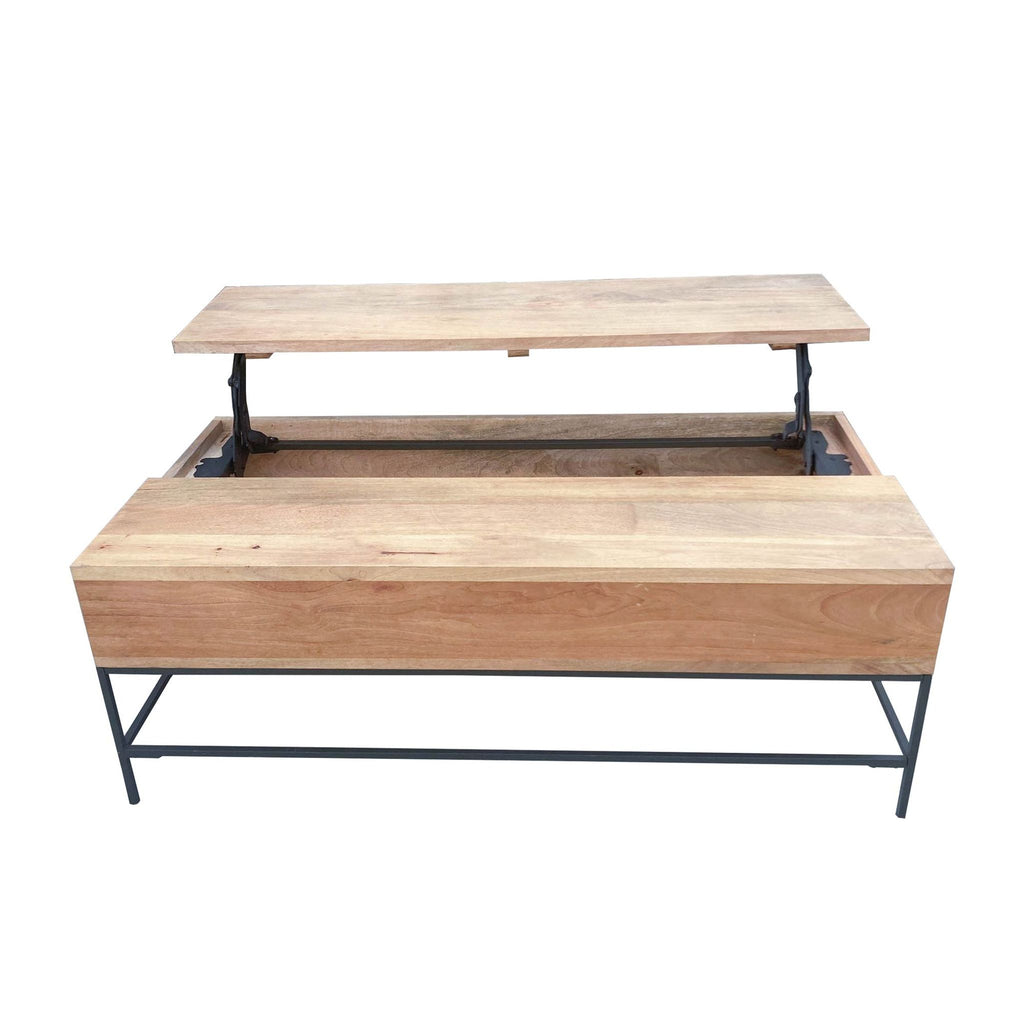 West Elm lift-top coffee table, mango wood surface raised revealing storage, on a steel frame.