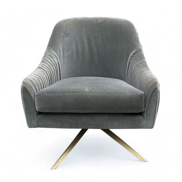 1. Grey velvet West Elm Roar & Rabbit lounge chair with metal swivel base and pleated detailing, front view.