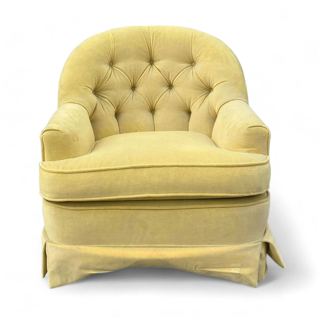 Reperch brand yellow barrel back accent chair with button tufting and welt trim upholstery.