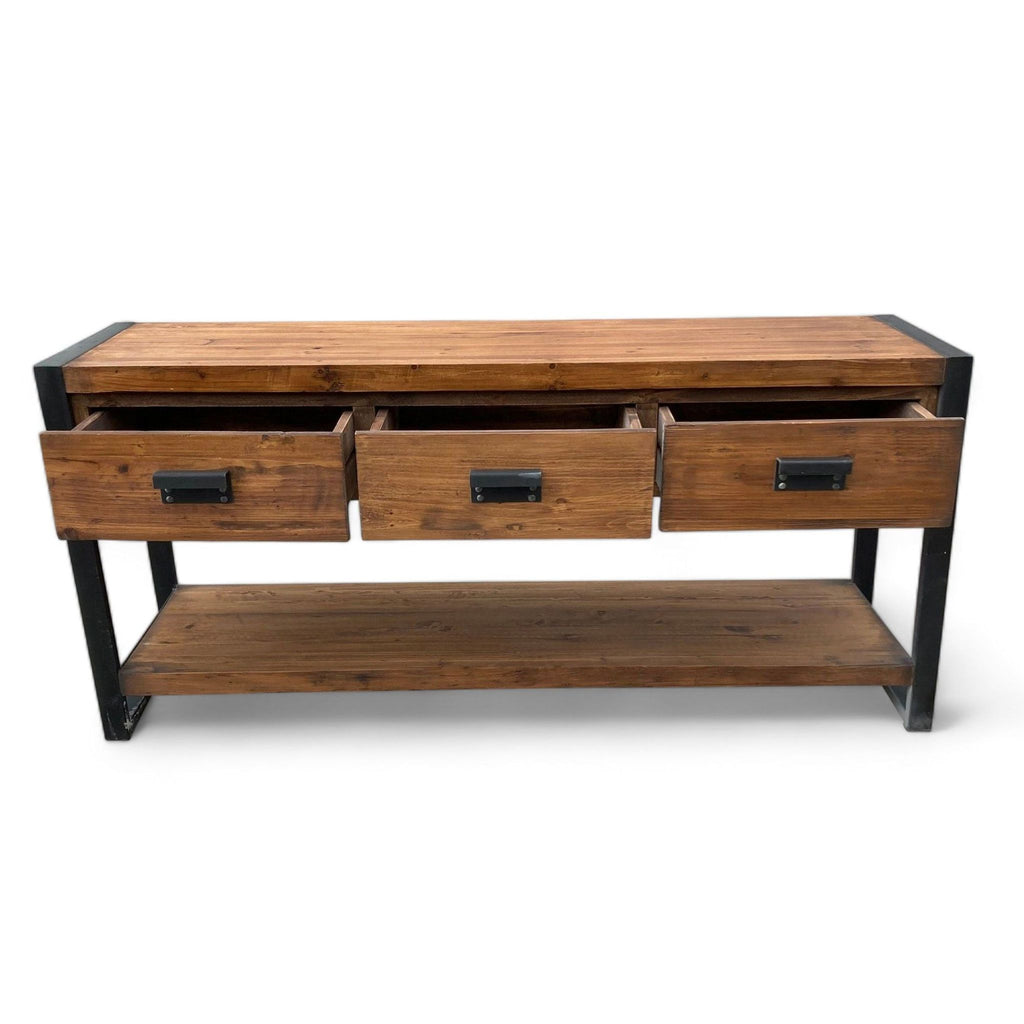 West Elm Bin Pull Console with three open drawers showing storage space and lower shelf.