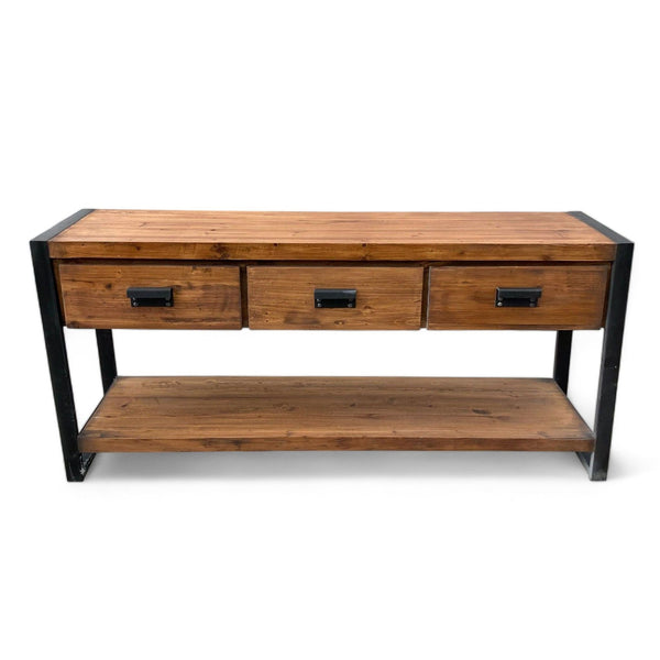 West Elm Bin Pull Console with three closed drawers, two shelves, and black metal accents.