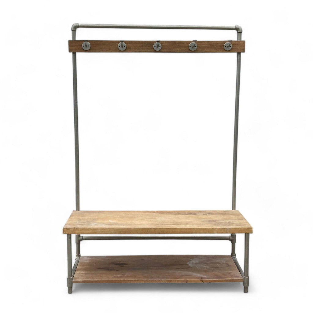 Reperch brand standing rack with wood bench, shelf above, and 5 metal hooks on a wooden slat against a white background.