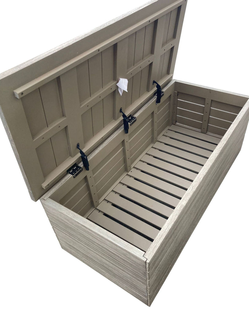 Open storage bench showing interior space and compartments.