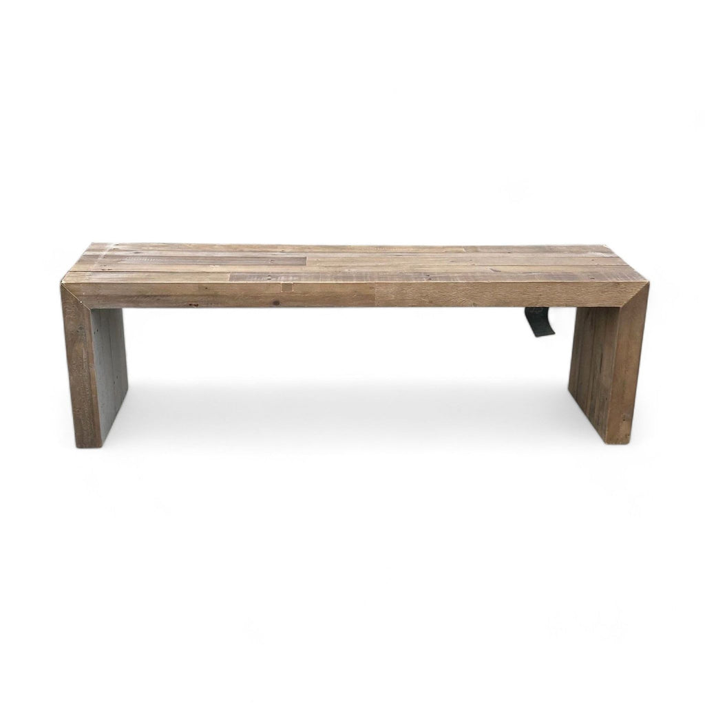2. Natural wood West Elm farmhouse bench, rectangular 58-inch design crafted from eco-friendly solid pine.
