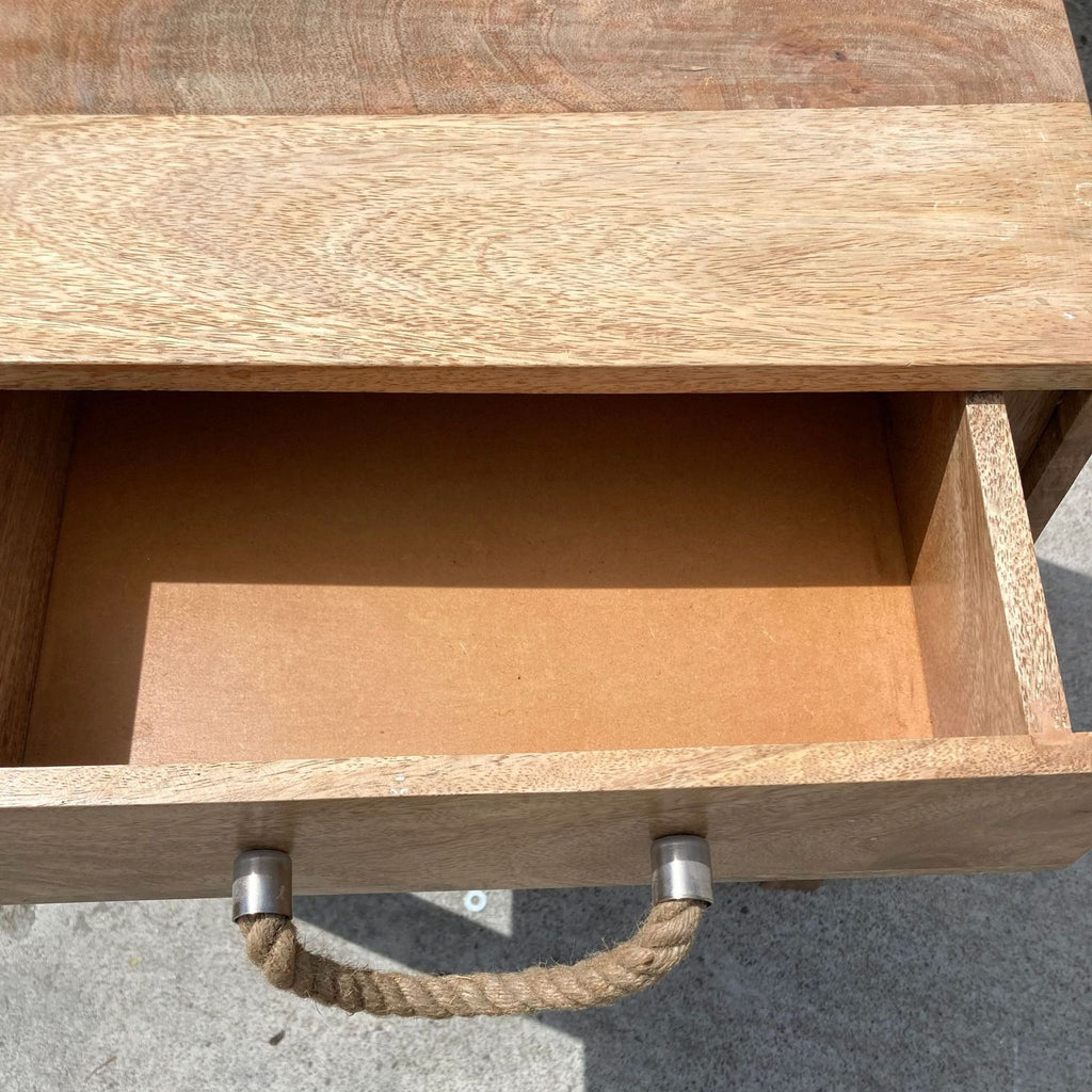 Open drawer of a wood nightstand showcasing rope handle and interior, Target brand.