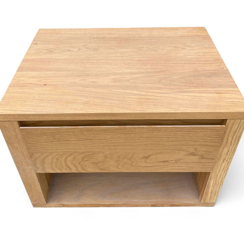 Williams Sonoma branded oak end table with top view, showcasing natural wood finish and clean design.
