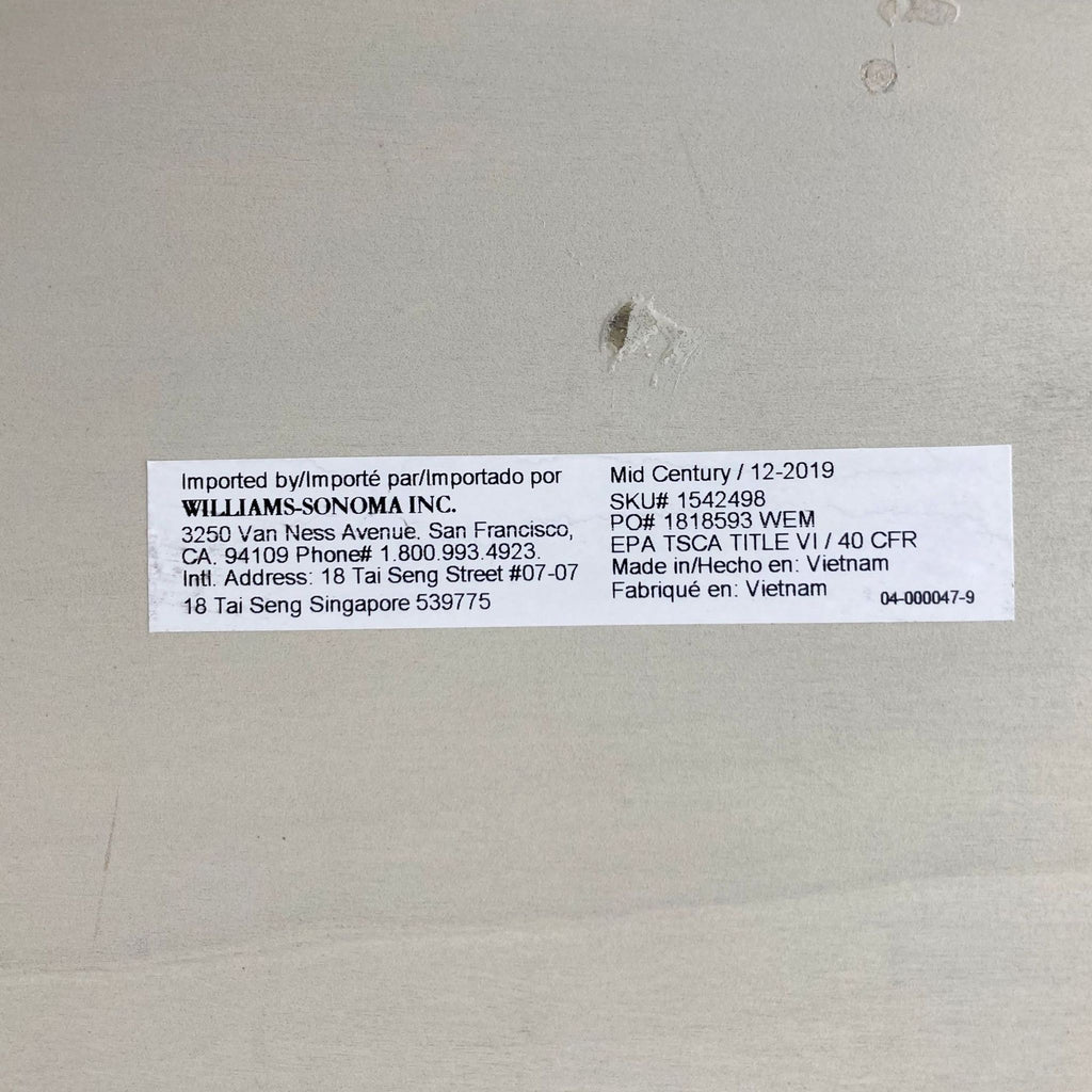 Label detailing West Elm console's import info from Williams-Sonoma Inc.