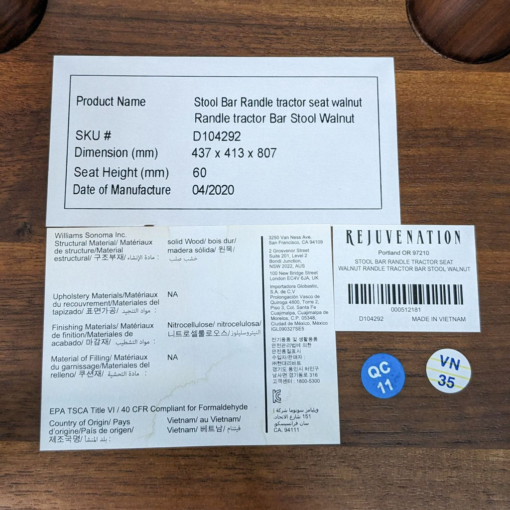 Product label detailing dimensions and materials, branded Rejuvenation.