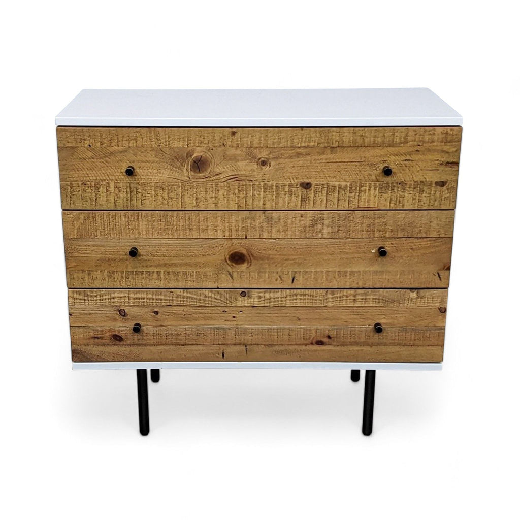 West Elm dresser with three drawers, reclaimed wood look, and white casing.