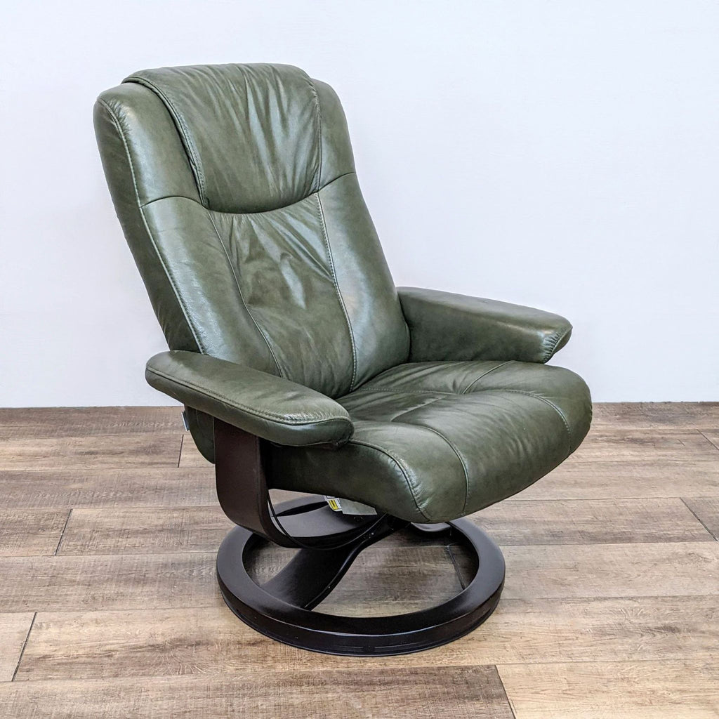 Palliser lounge chair in forest green leather, featuring a supportive bentwood base design.